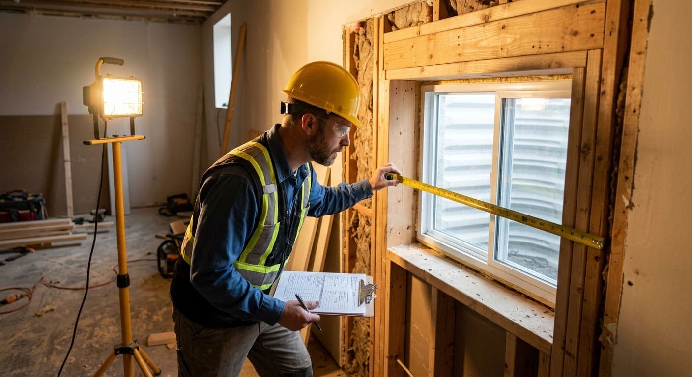 Building inspector reviewing Alberta Building Code egress window requirements in a basement