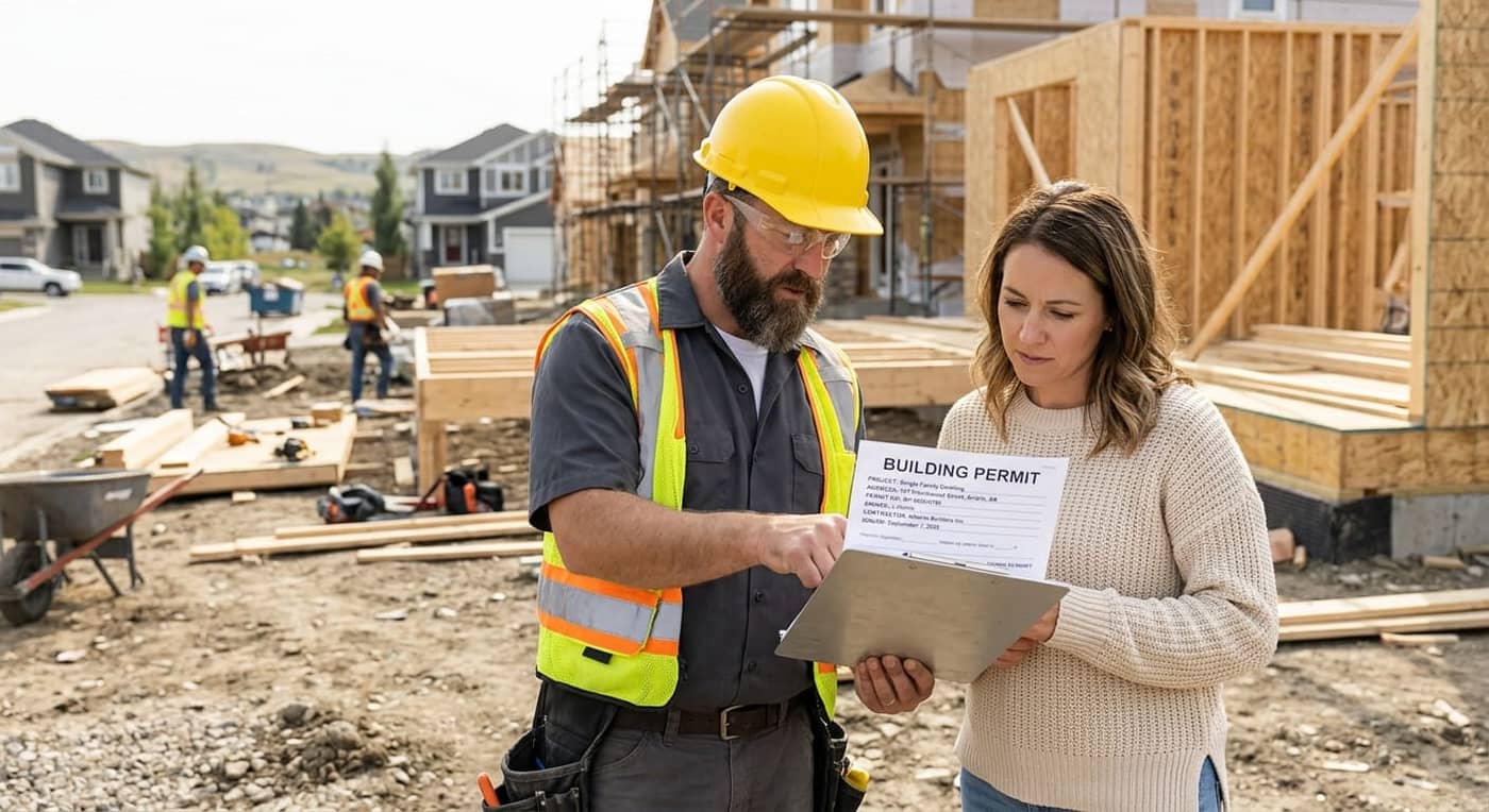 Contractor and homeowner reviewing an approved building permit on a Calgary-area construction site