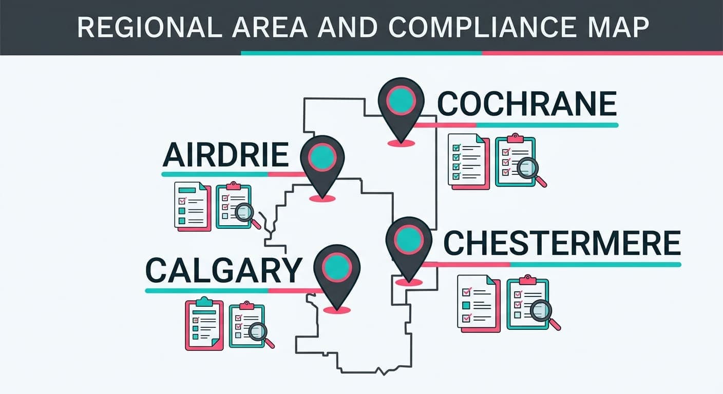 Map-style comparison of building permit requirements across Calgary, Airdrie, Chestermere and Cochrane