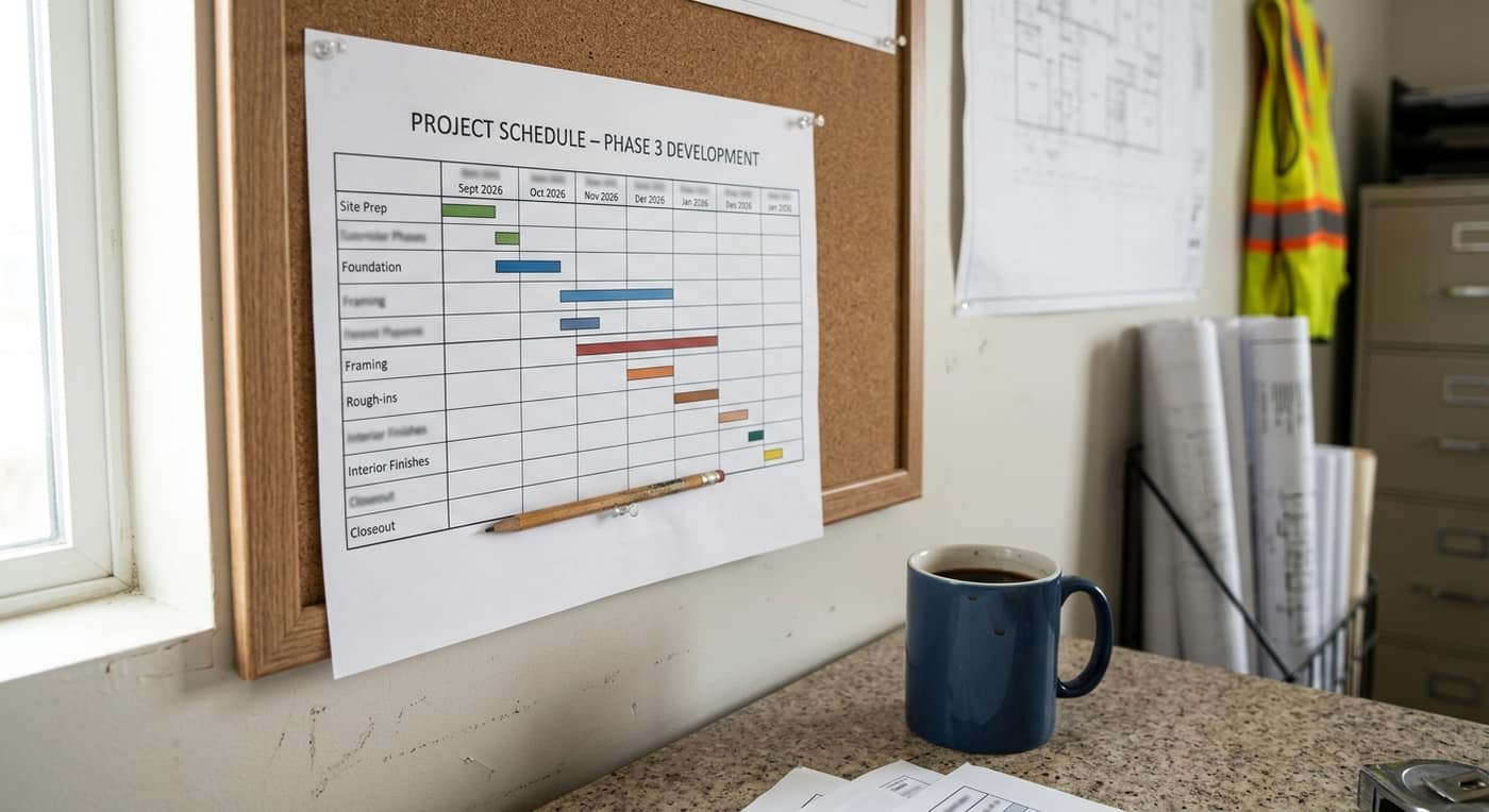 Realistic construction project timeline and sequencing schedule for a home renovation