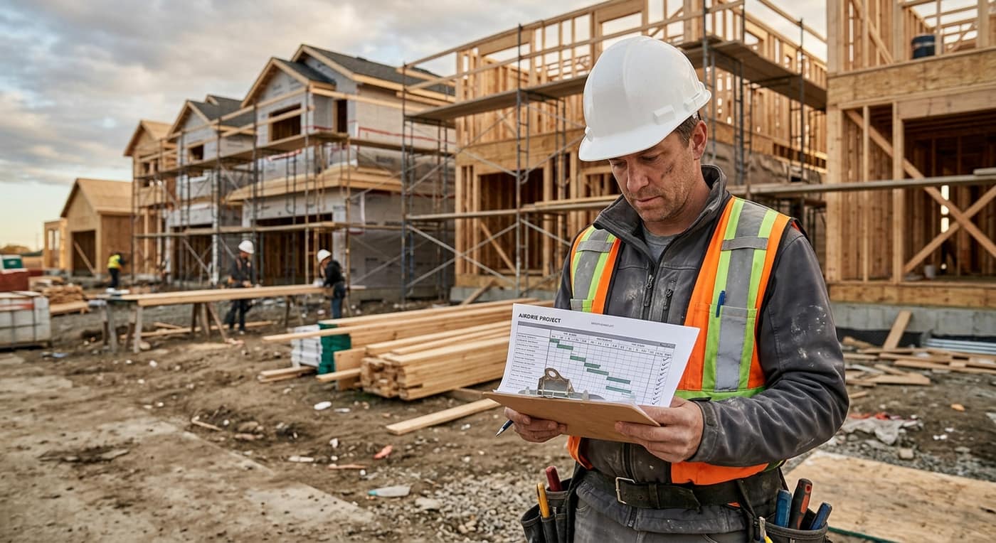 Contractor reviewing a project schedule and site safety plan on an Alberta construction site