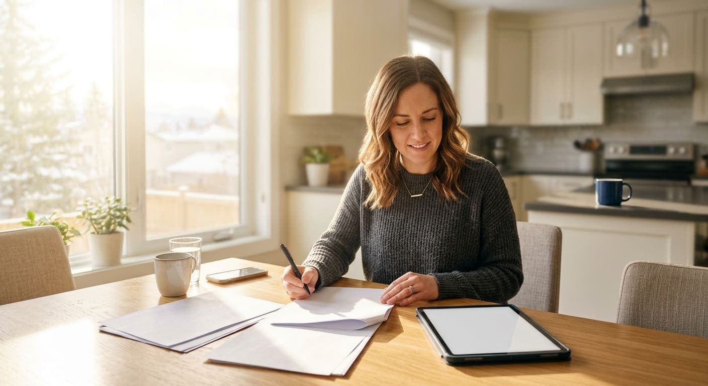 Homeowner reviewing a contractor's licensing and insurance documents at a Calgary-area kitchen table