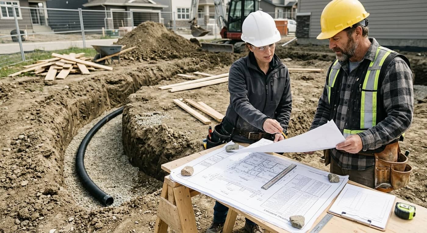 Engineer and contractor reviewing foundation and soil plans on a Calgary-area construction site