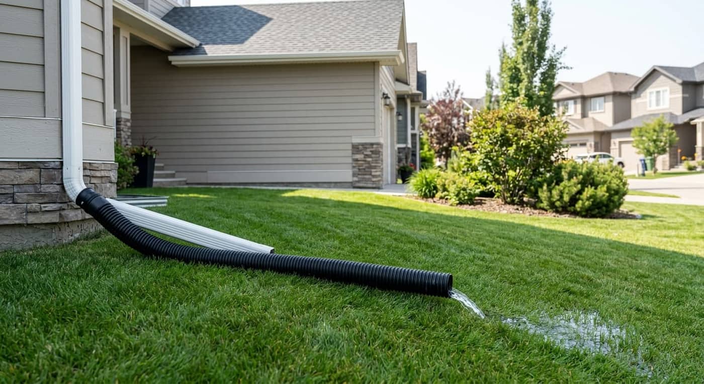 Proper lot grading and downspout drainage sloped away from a home foundation in Alberta
