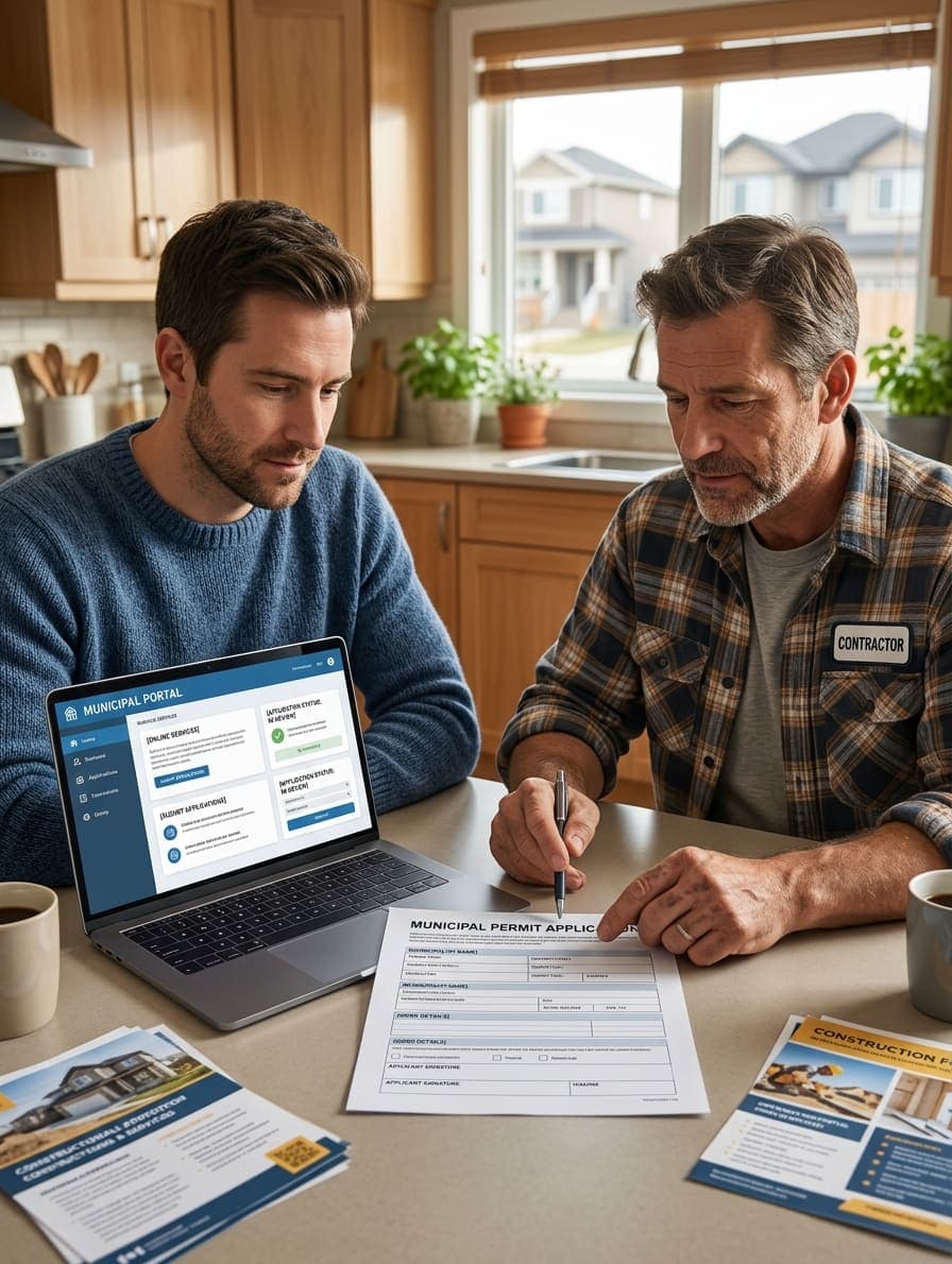 Homeowner and general contractor reviewing who is named on a building permit application