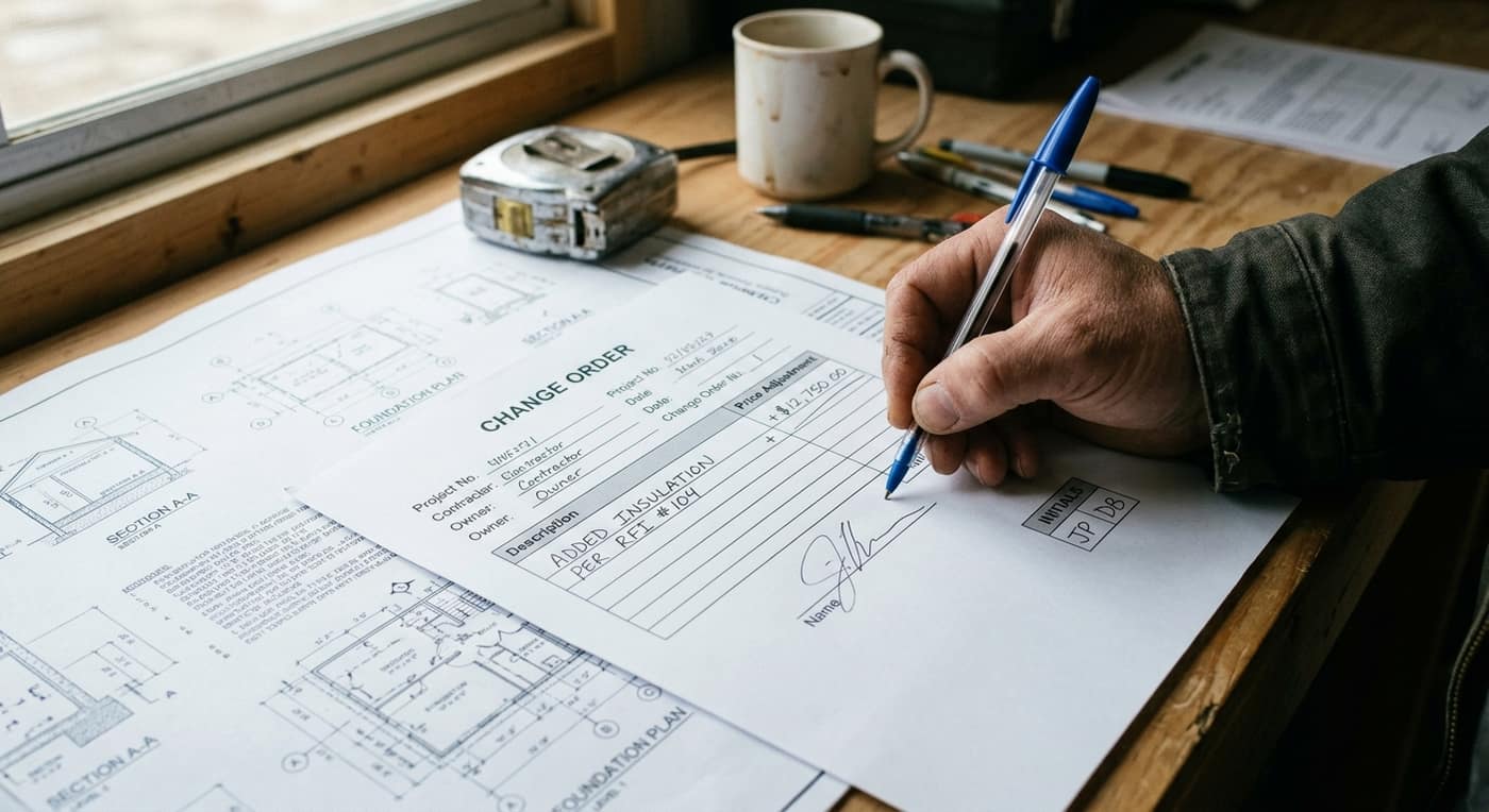 Signed construction change order form documenting a scope and price change