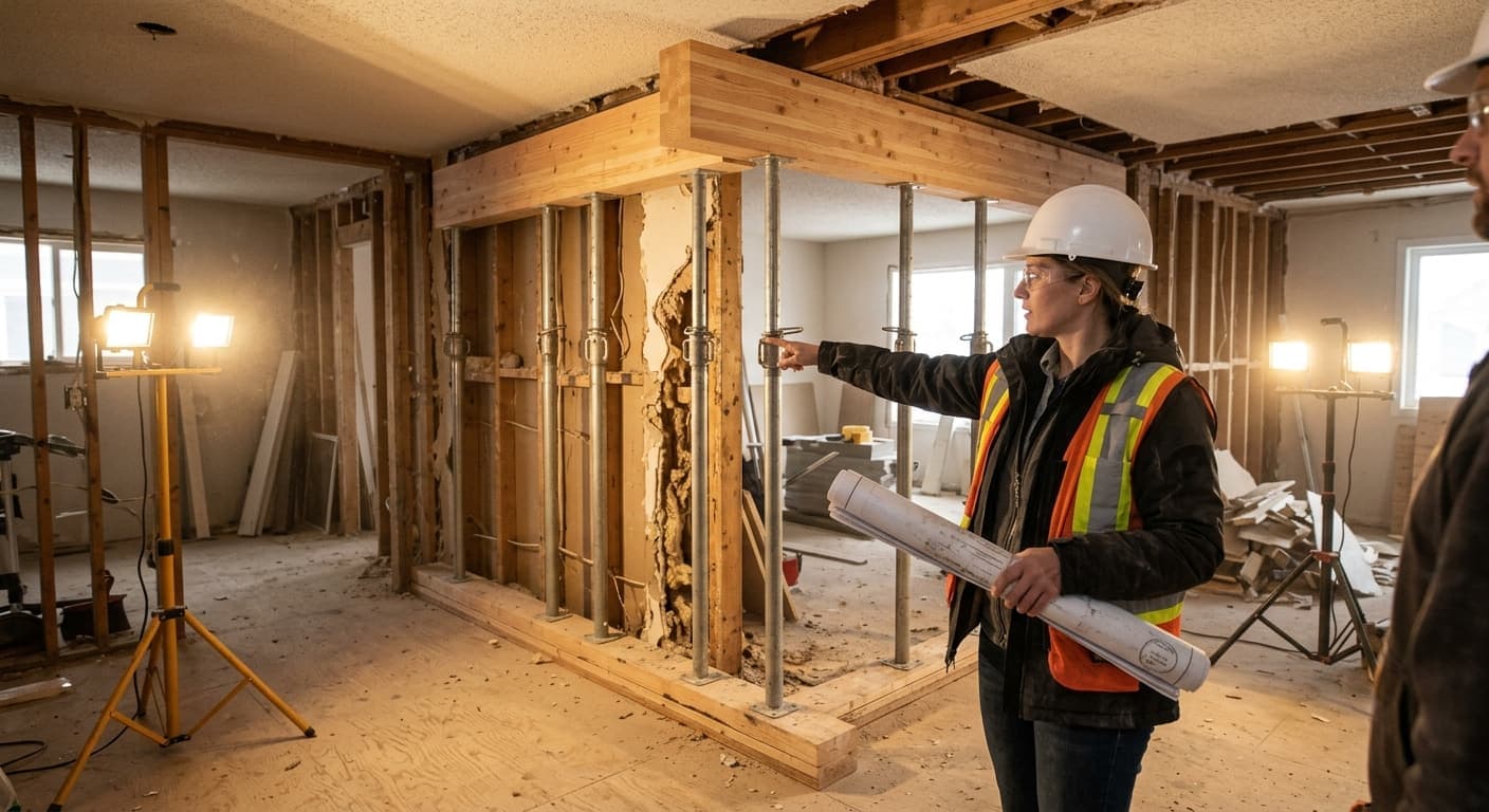 Structural engineer reviewing stamped drawings for a load-bearing wall removal in a home renovation