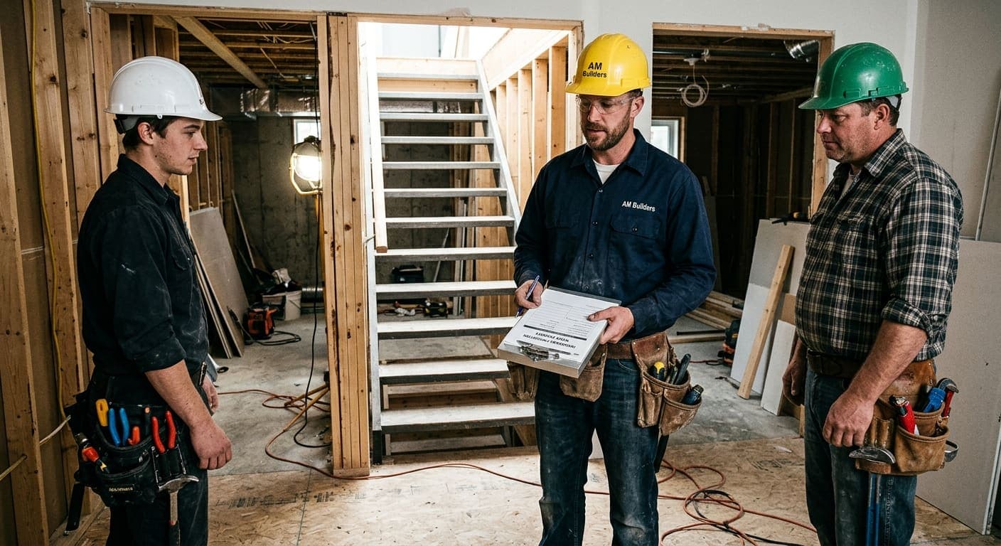 General contractor reviewing subcontractor insurance and WCB paperwork before a basement renovation