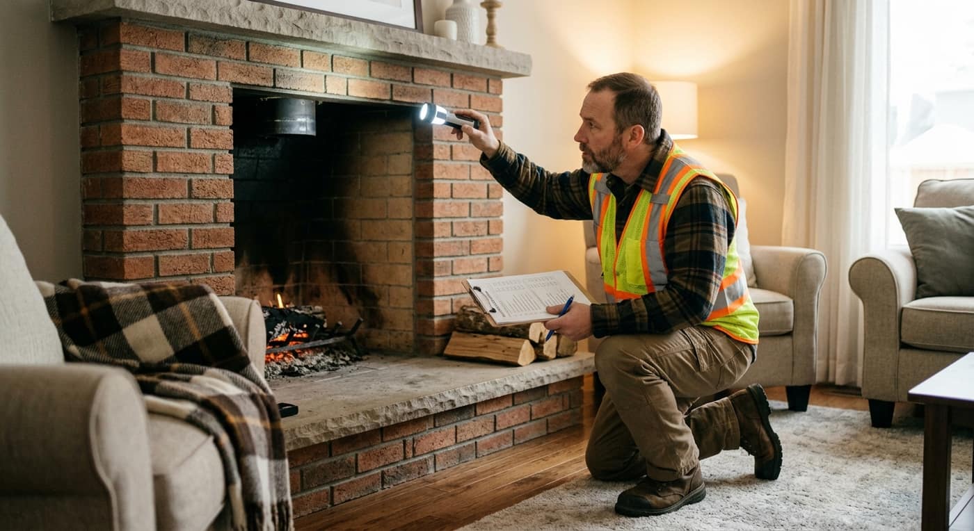 WETT certified inspector examining a wood-burning fireplace installation in Alberta